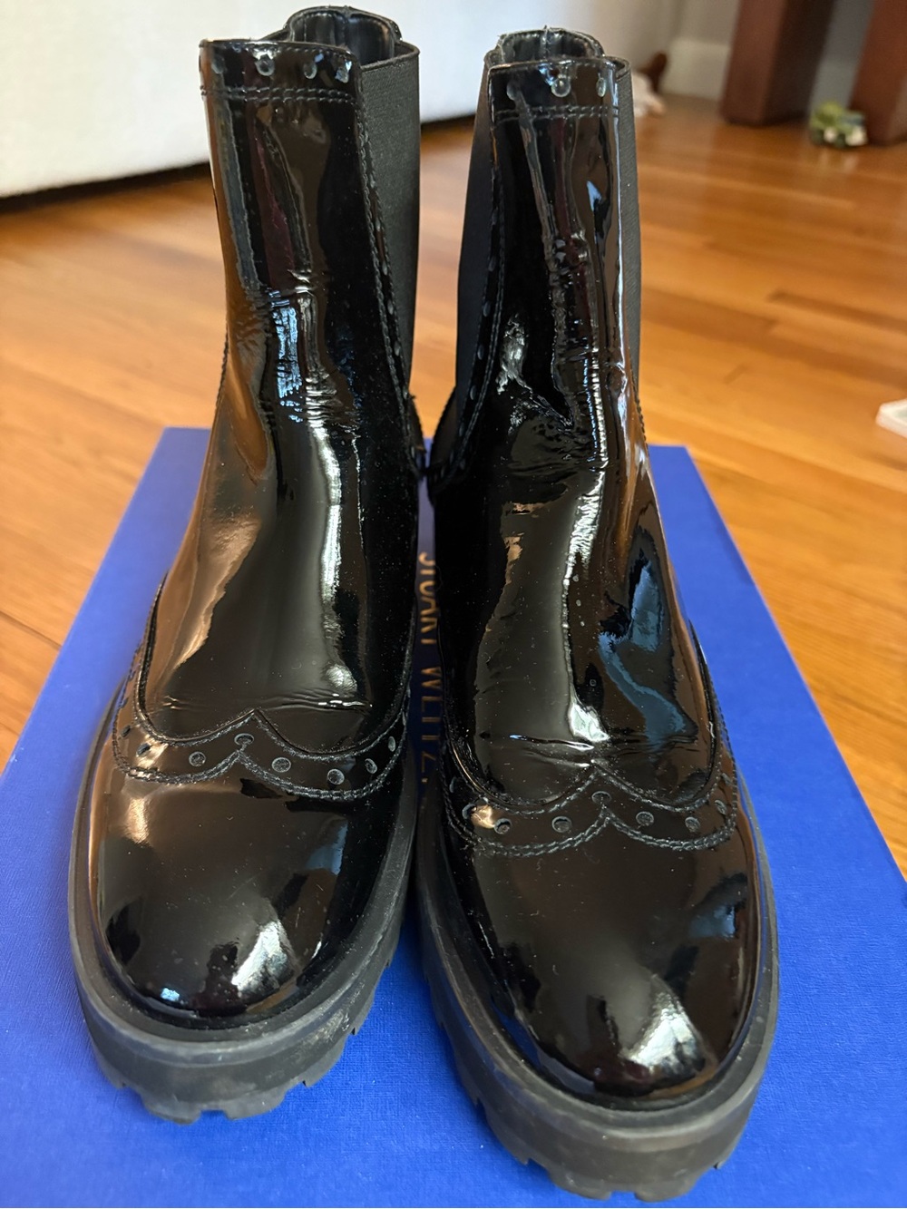 Stuart Weizman Black Patent Leather Lug Sole Chelsea Boots